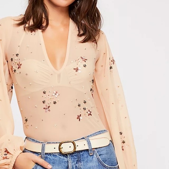 Intimately Free People Women’s Siren Song Beaded Bodysuit Blouse V Neck - Picture 1 of 9